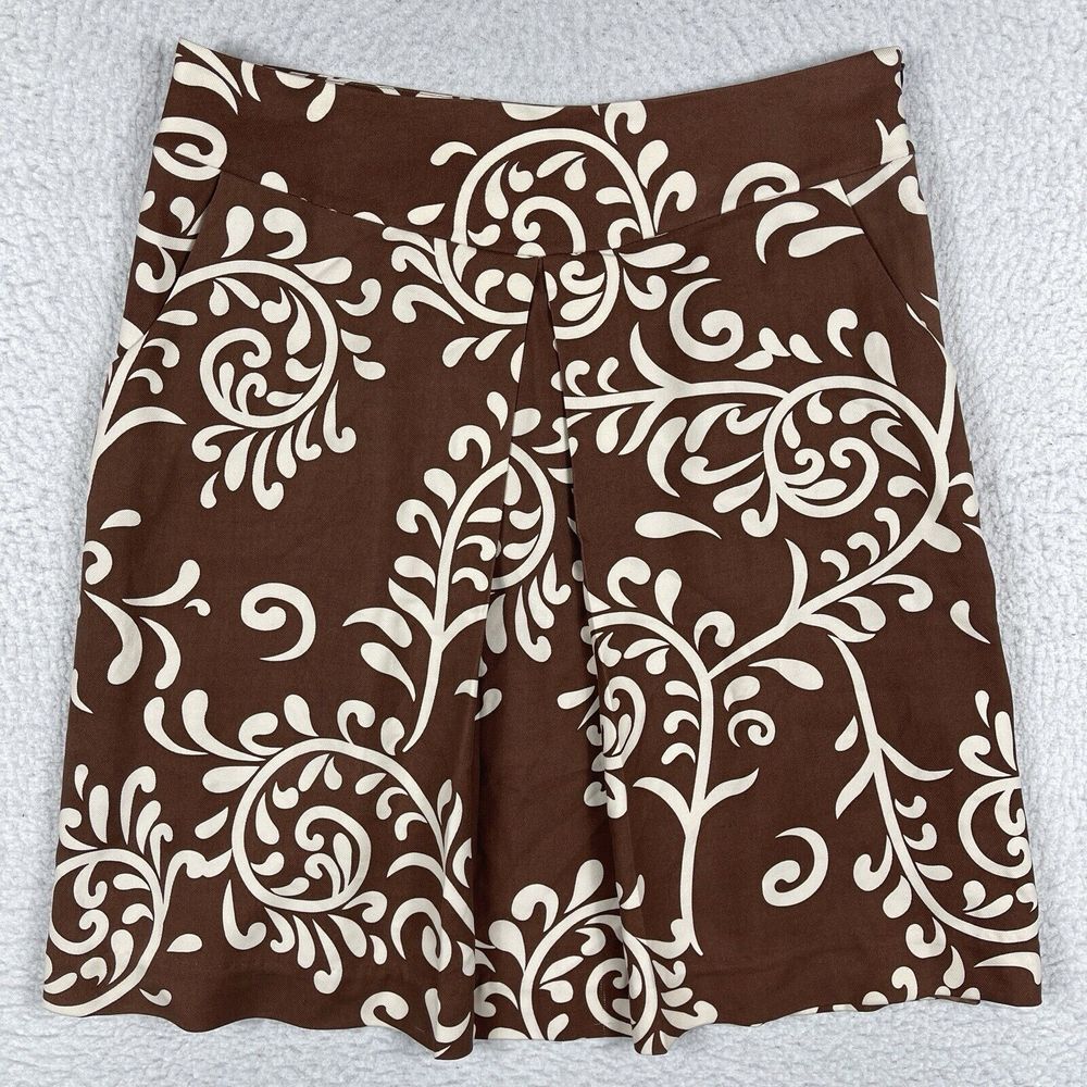 J Mclaughlin Skirt Womens 10 Brown Cream Floral Preppy A Line Knee Length Pleat